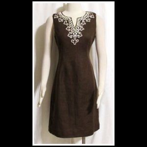 LADIES TALBOTS BROWN LINEN BEADED SHEATH DRESS Sz 4 ORIG $167